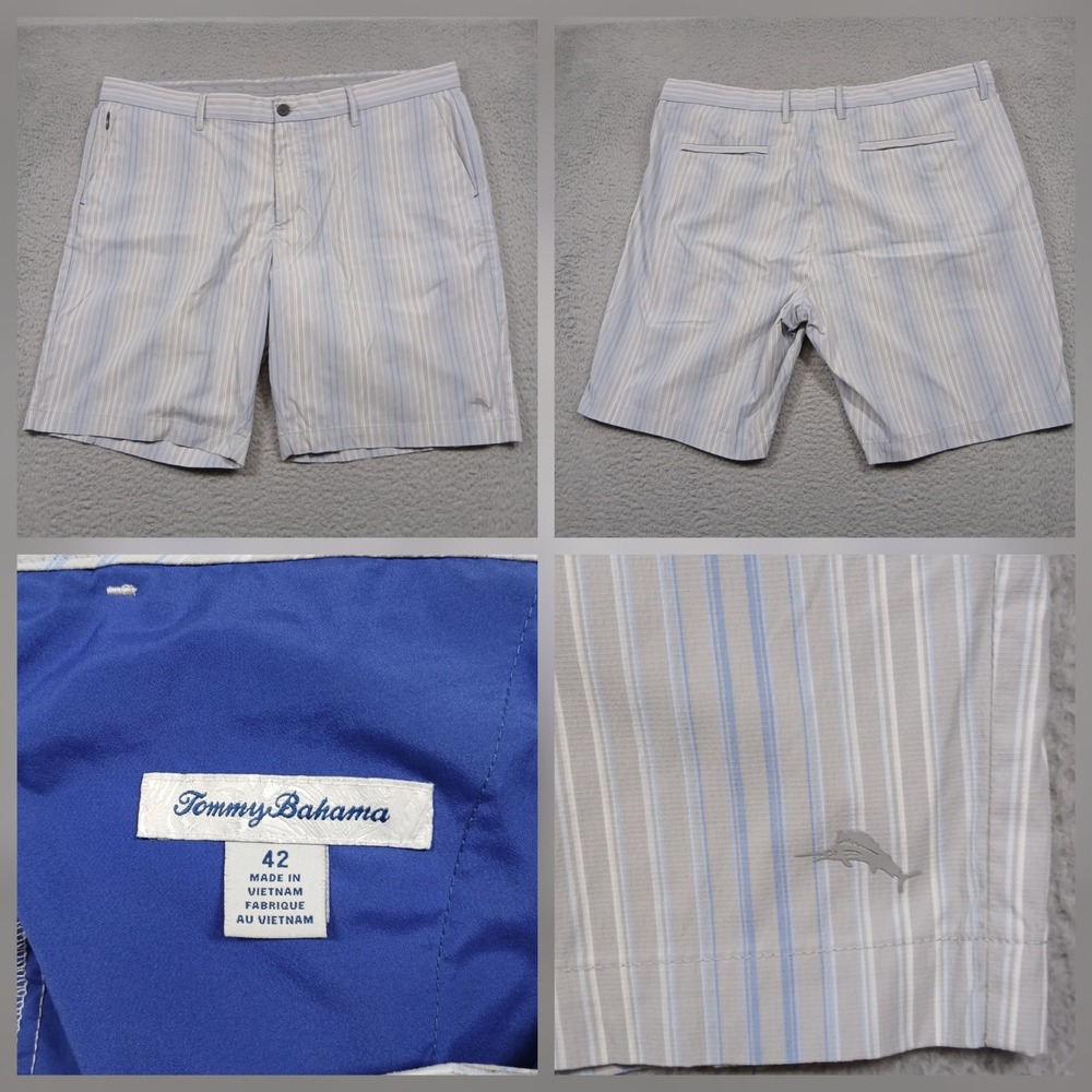 Tommy Bahama Flat Front Shorts Men's 42 Tan Blue Stripe‎ Chino read